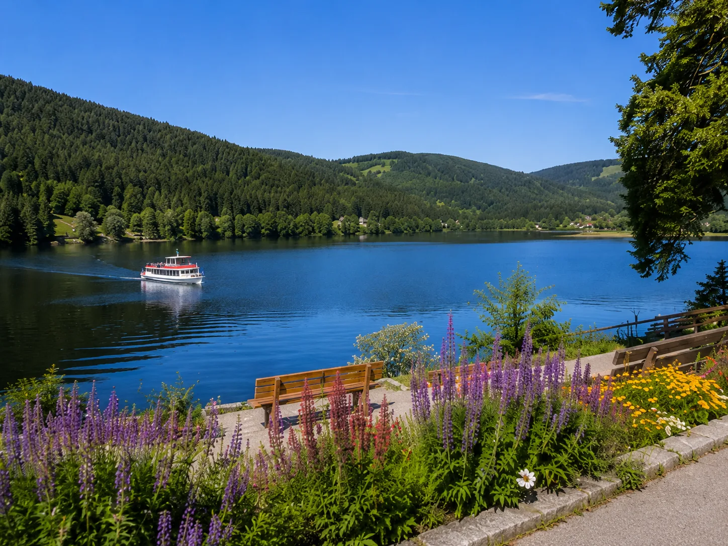 Ausflugsschiff auf dem Titisee im Schwarzwald mit bewaldeten Hügeln, Uferpromenade und bunten Sommerblumen im Vordergrund