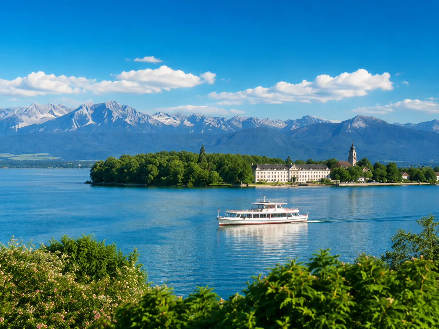 Ausflugsschiff auf dem Chiemsee vor der Fraueninsel mit dem Kloster Frauenwörth und Alpenpanorama im Hintergrund