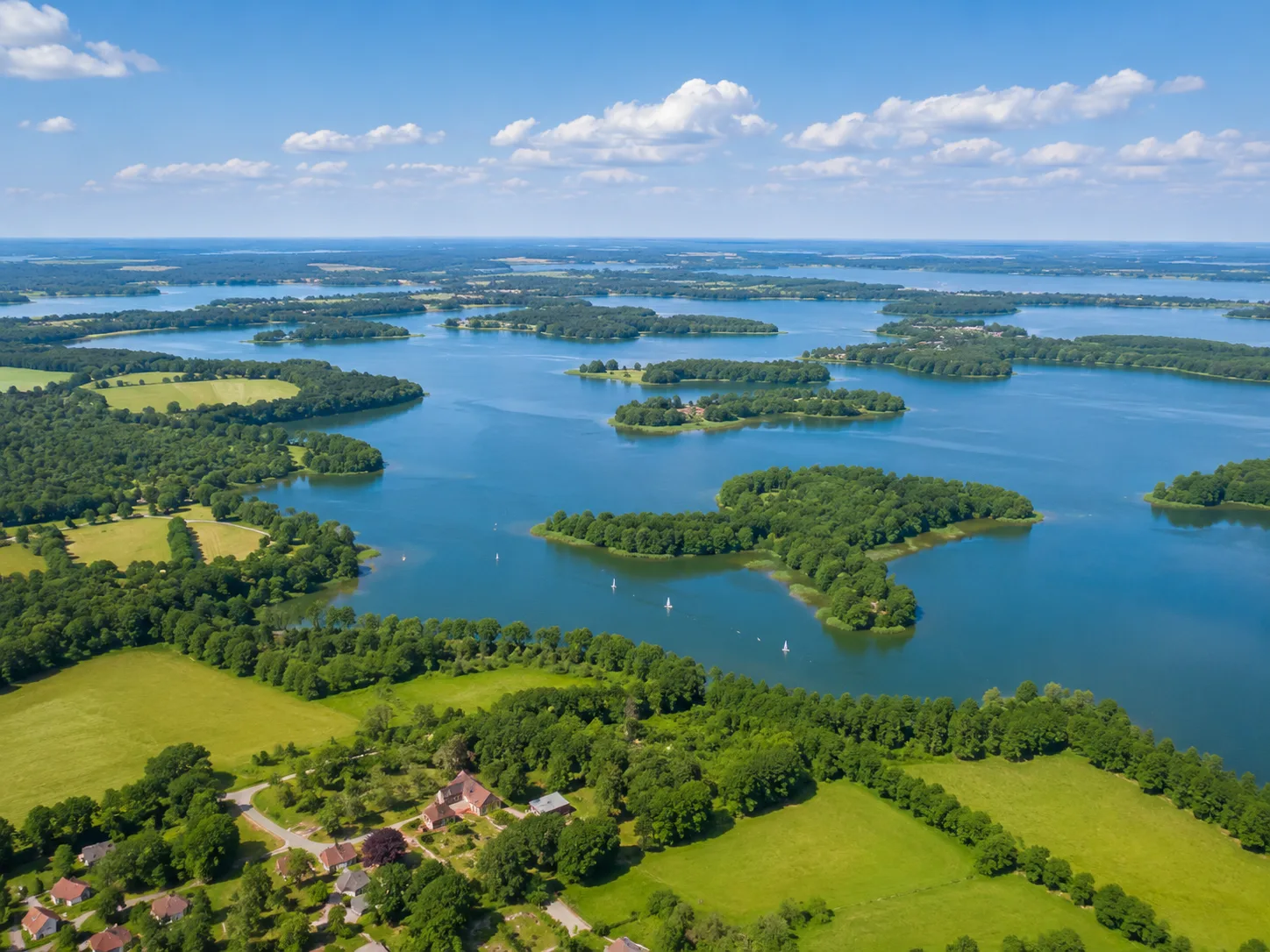 Luftaufnahme der Mecklenburgischen Seenplatte mit bewaldeten Inseln, kleinen Segelbooten und grünen Wiesen unter blauem Himmel