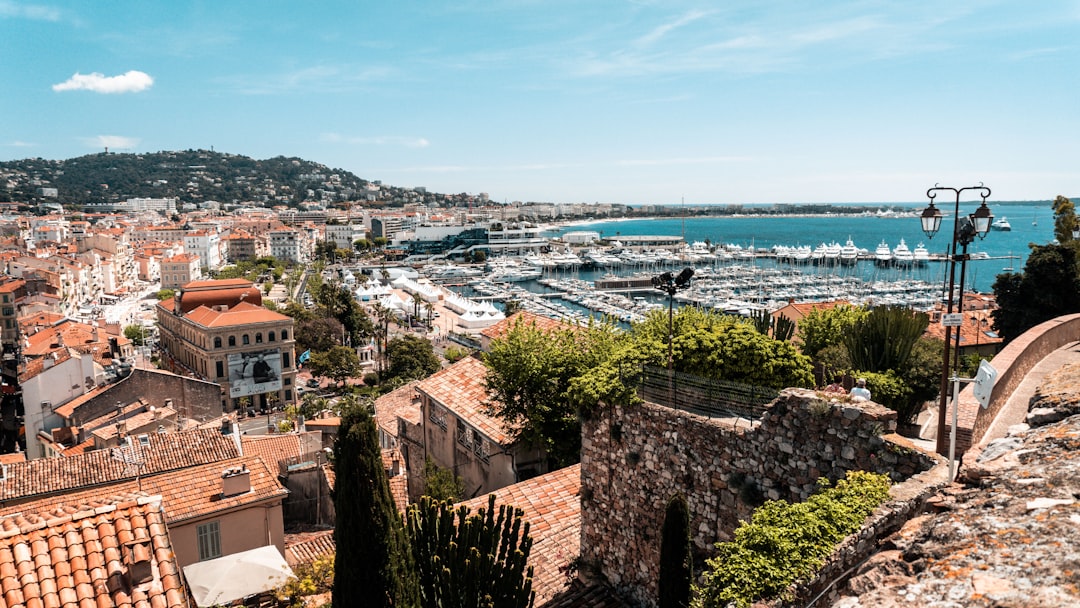 Panoramablick über die sonnige Küstenstadt Cannes mit Hafen, Yachten und Mittelmeer unter blauem Himmel